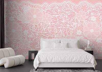 Lacy white seamless pattern on a pink background. Wall mural