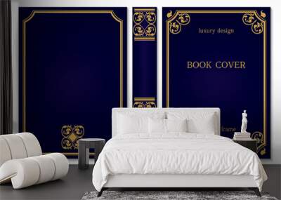 Standard book cover and spine design. Old retro ornament frames. Royal Golden and dark blue style design. Vintage Border to be printed on the covers of books. Wall mural