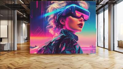 80s retro futurism illustration of young beautiful woman wearing virtual reality headset. Generative AI Wall mural