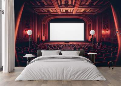 Art deco movie theater, vintage cinema with blank screen mock up. Generative AI Wall mural