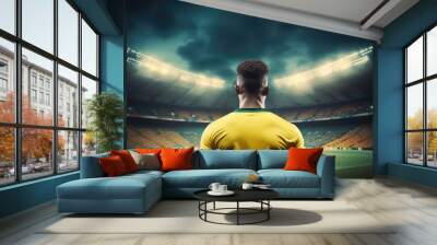 Back view of black soccer player standing, he is ready for the football match under bright stadium lights Wall mural