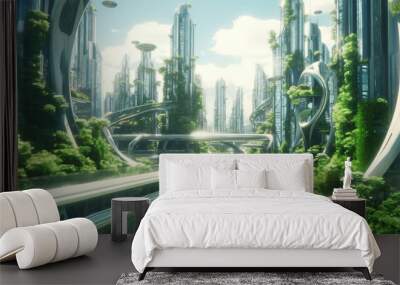 Banner of futuristic sustainable green city, concept of city of the future based on green energy and eco industry. Generative AI Wall mural