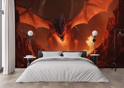 Brave warrior fighting huge red fire breathing dragon, fantasy battle illustration. Generative AI Wall mural