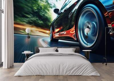 Close-up of wheel of fast sports car on sunny highway: high-performance auto in motion blur Wall mural