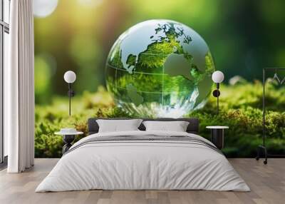 Crystal planet Earth, glass globe reflecting lush green grass and forest, encapsulating ecology and environmental conservation concept in a sustainable world. Generative AI Wall mural