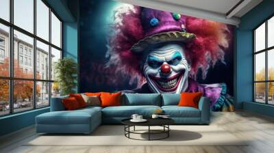 Evil clown face. Portrait of scary spooky clown monster from horror movie with vintage circus on background. Generative AI Wall mural