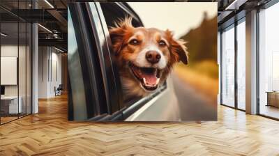 Funny happy dog peeking out of window of car on summer road trip, concept of travel with pet. Generative AI Wall mural