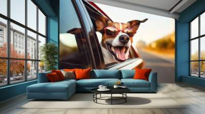 Funny happy dog peeking out of window of car on summer road trip, concept of travel with pet. Generative AI Wall mural