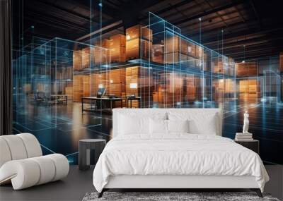 Futuristic digital warehouse using augmented reality: smart logistics, ecommerce and delivery concept in modern industry Wall mural