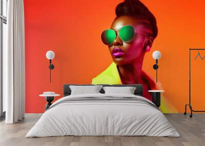 High fashion studio portrait of young african american woman with sunglasses, beautiful makeup, bright neon colors. Generative AI Wall mural