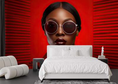 High fashion studio portrait of young african american woman with sunglasses, beautiful makeup, isolated on red. Generative AI Wall mural