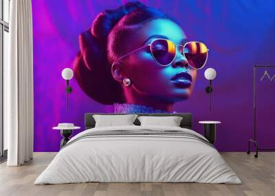 High fashion studio portrait of young african american woman with sunglasses, beautiful makeup, neon colors Wall mural