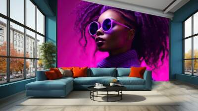 High fashion studio portrait of young african american woman with sunglasses, beautiful makeup, neon colors Wall mural