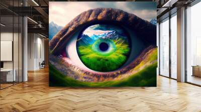 Human eye reflecting green landscape with beautiful nature inside. Generative AI Wall mural