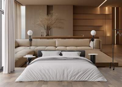 Japandi living room interior with cozy beige couch, modern minimalist design of apartment Wall mural