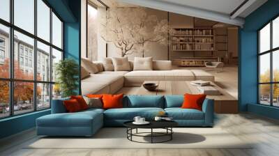 Japandi living room interior with cozy beige couch, modern minimalist design of apartment Wall mural