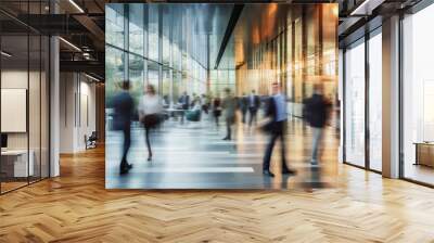 Long exposure banner of modern office lobby with business people. Generative AI Wall mural