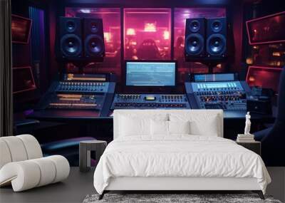 Modern interior of professional recording studio with music production equipment, sound mixing console, digital control panel for audio record industry Wall mural