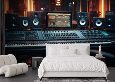 Modern interior of professional recording studio with music production equipment, sound mixing console, digital control panel for audio record industry Wall mural