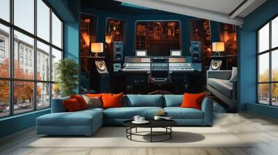 Modern interior of professional recording studio with music production equipment, sound mixing console, digital control panel for audio record industry Wall mural