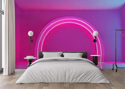 Neon pink arch in empty room, template or mockup for beauty product. Generative AI Wall mural