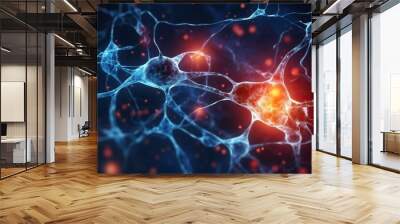 Neural network with glowing synapses, macro view of brain neurons transmitting electric impulses, neuroscience and biology research concept Wall mural