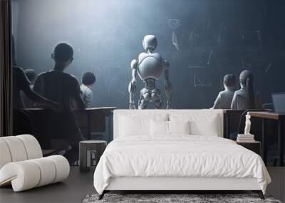 Robot teacher replacing human, working in school classroom, standing near chalkboard. Generative AI Wall mural