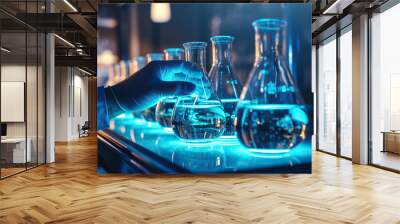 Scientist in laboratory analyzing blue substance in beaker, conducting medical research for pharmaceutical discovery, biotechnology development in healthcare, science and chemistry concept Wall mural