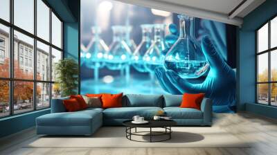 Scientist in laboratory analyzing blue substance in beaker, conducting medical research for pharmaceutical discovery, biotechnology development in healthcare, science and chemistry concept Wall mural