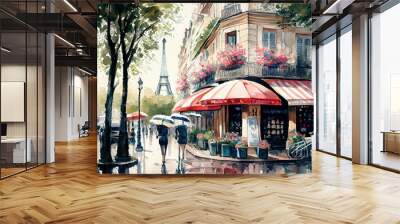 Watercolor painting of Paris street with Eiffel Tower on background. Generative AI Wall mural