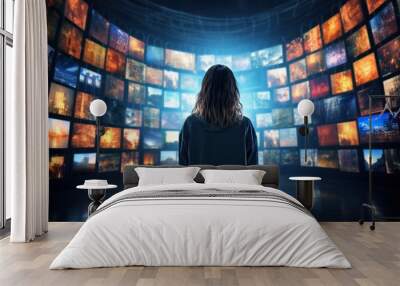 Woman watching smart TV wall, displaying many streaming channels and online media, entertainment and technology concept Wall mural