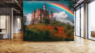 A castle of rainbow colors in a magical world. Generative AI Wall mural