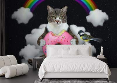 A colored cat with a pink donut sits on a cloudy sofa under a rainbow at night. Wall mural