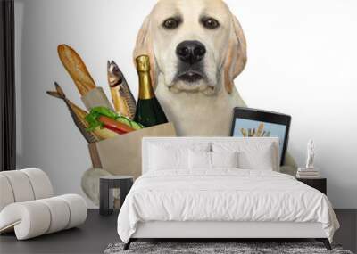 A dog orders food online using his mobile phone. White background. Isolated. Wall mural