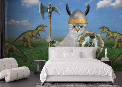 An ashen cat warrior with a battle ax and a shield fights the dinosaurs in the field. Wall mural