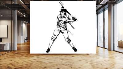 Baseball player with bat in helmet, team player. Character. Vector black and white illustration, silhouette. Wall mural