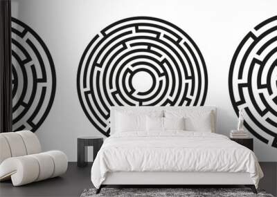 Black circle vector mazes isolated on white background. Black labyrinths with one and three entrances. Vector maze icon. Labyrinth symbol. Circle puzzle Wall mural