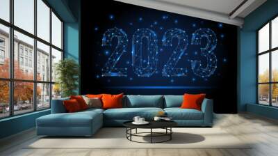 2023 wireframe Christmas and new year degital banner or calendar date vector sign. Xmas blue polygon numbers with light and sparcles. Dot and line triangle gold futuristic polygonal  design. Wall mural