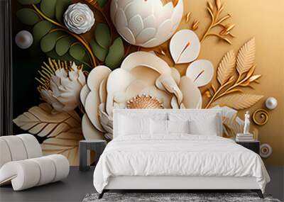 3d wallpaper flowers with white pearls and green leaves on a golden brown background Wall mural