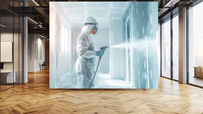 A builder in a protective suit and respirator paints walls with a spray gun. A male worker paints the walls in a new house with white spray paint. Construction and renovation concept Wall mural