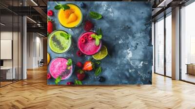 A colorful array of fruit smoothies on a table in a natural environment Wall mural