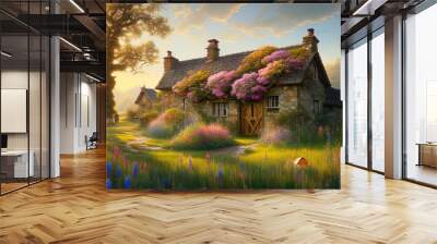 A cozy stone village house on a grass field. Rural beautiful landscape with flowers and trees. Evening sky with clouds. Relaxing scene. Digital painting illustration. Wall mural