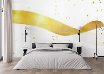 A curly gold ribbon for Christmas and birthday present banner isolated against a white background. Wall mural