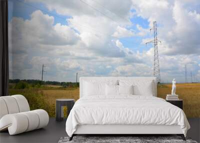 a field of wheat with a power line in the background and sky with clouds  Wall mural