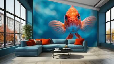 A fish with a sad expression is swimming in a blue ocean Wall mural