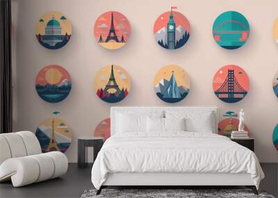 A flat design icon set for a travel app featuring landmarks from around the world Wall mural