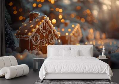 A gingerbread house is lit up with lights and surrounded by snow Wall mural