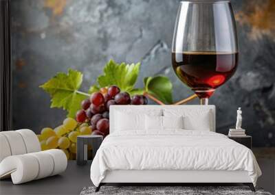 A glass filled with red wine rests next to a wooden board adorned with an assortment of fresh grapes Wall mural