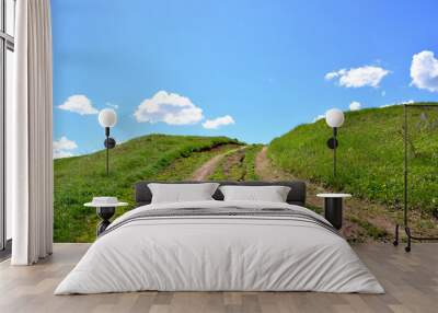 a green hill with a dirt road and a few clouds in the sky copy space Wall mural