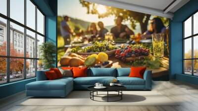 A group of young Multicultural Friends are sitting on the lawn of the community park having drinks and enjoying their leisure time Wall mural